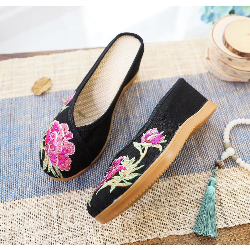 Dép Cao Gót Vải Lanh Thêu Họa Tiết Đính Đá 2 Hàng Ngàn Thời Trang Mùa Hè Cho Nữ EthA7