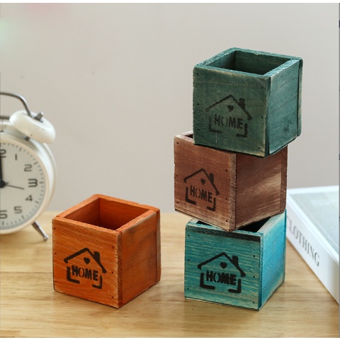 Hộp gỗ sắc màu chữ home HGO8a để đồ cắm bút cắm hoa trang trí decor vintage dễ thương