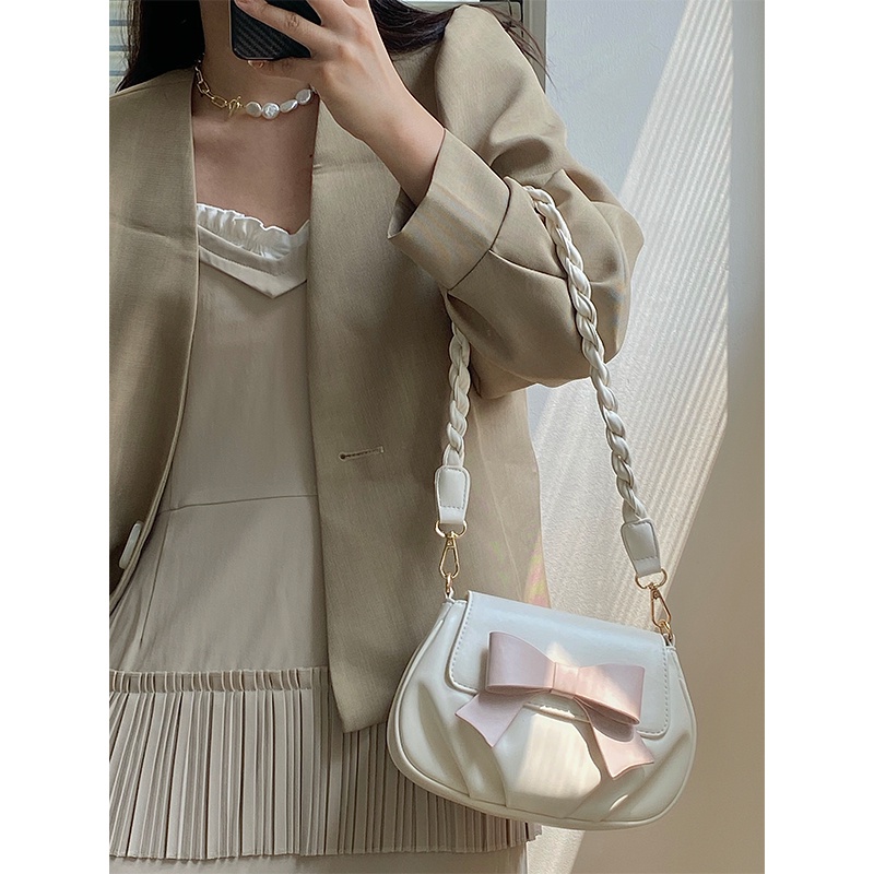 Túi Xách Đeo Vai Hình Tròn Cỡ Nhỏ Mềm Mại Đính Nơ Thời Trang Cho Nữ