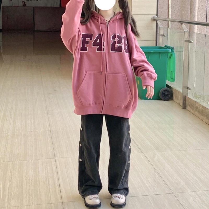 Áo khoác nỉ unisex in chữ hồng ruốc - Áo khoác nỉ dây kéo oversize