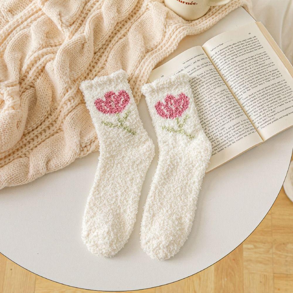 AROMA Vớ Cổ Trung Dày Dặn Mềm Mại Thoải Mái Họa Tiết Hoa Tulip Ngọt Ngào Hợp Thời Trang Cho