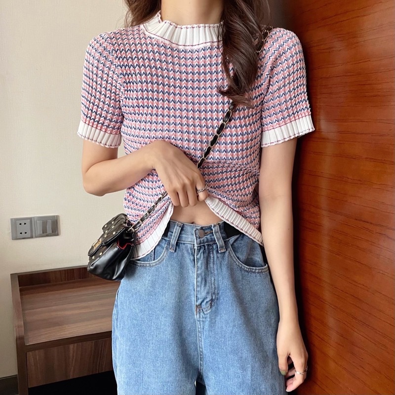 IELGY    Áo Thun Tay Ngắn Họa Tiết Sọc Ngang Màu Sắc Tương Phản Phong Cách Hàn Quốc Cho Nữ