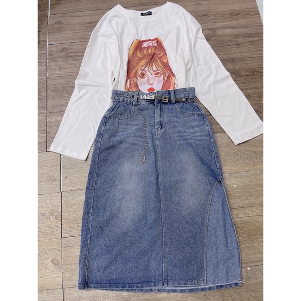 Chân Váy jeans Xẻ Dáng Dài Kèm Đai 333