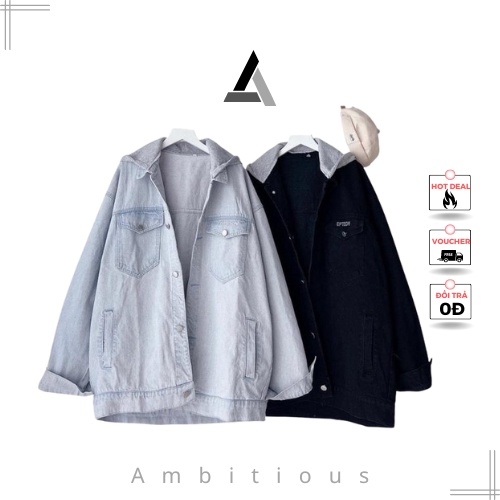 Áo Khoác Jean Áo Hoodie Nam Nữ Có Mũ Thêu Chữ Có Túi Form Rộng Màu Xanh và Đen Tại Ambitious Store