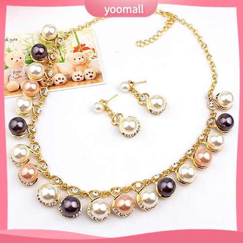 Bộ Vòng cổ + Bông Tai Đính Đá &amp; Ngọc Trai Nhân Tạo Cho Nữ