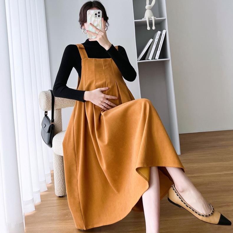 Sét yếm Bầu Chất Nhung Tăm dày dặn kèm áo cotton dáng xuông ,phong cách Hàn Quốc