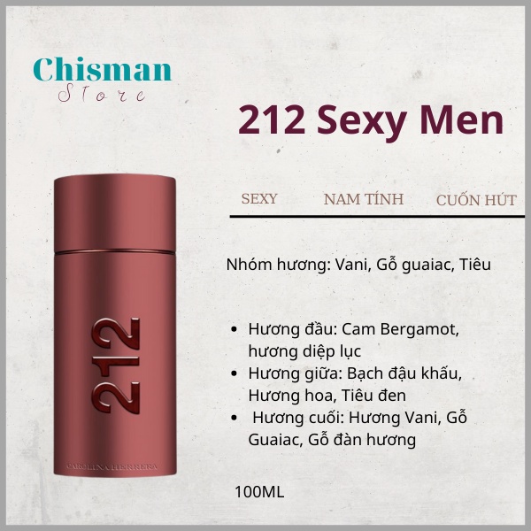 Nước hoa nam Carolina Herrera 212 SEXY MEN EDT 100ML- Hương thơm nam tính và mạnh mẽ, lưu hương lâu-Chisman Chisman