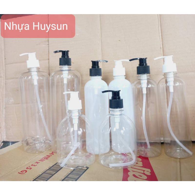 Chai, Bình Vòi Nhấn Đen ( Trắng) 500ml, 1000ml Rỗng. Trắng trong, Trắng Đục. Nhựa HuySun