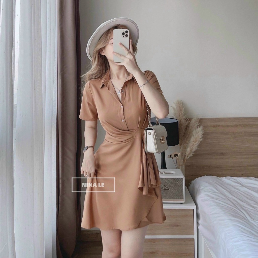 (Sale FreeShip) Đầm sơ mi xoắn eo dáng xòe đi tiệc,chất đũi mềm mát,tone màu tôn da diện đi đâu cũng xinh