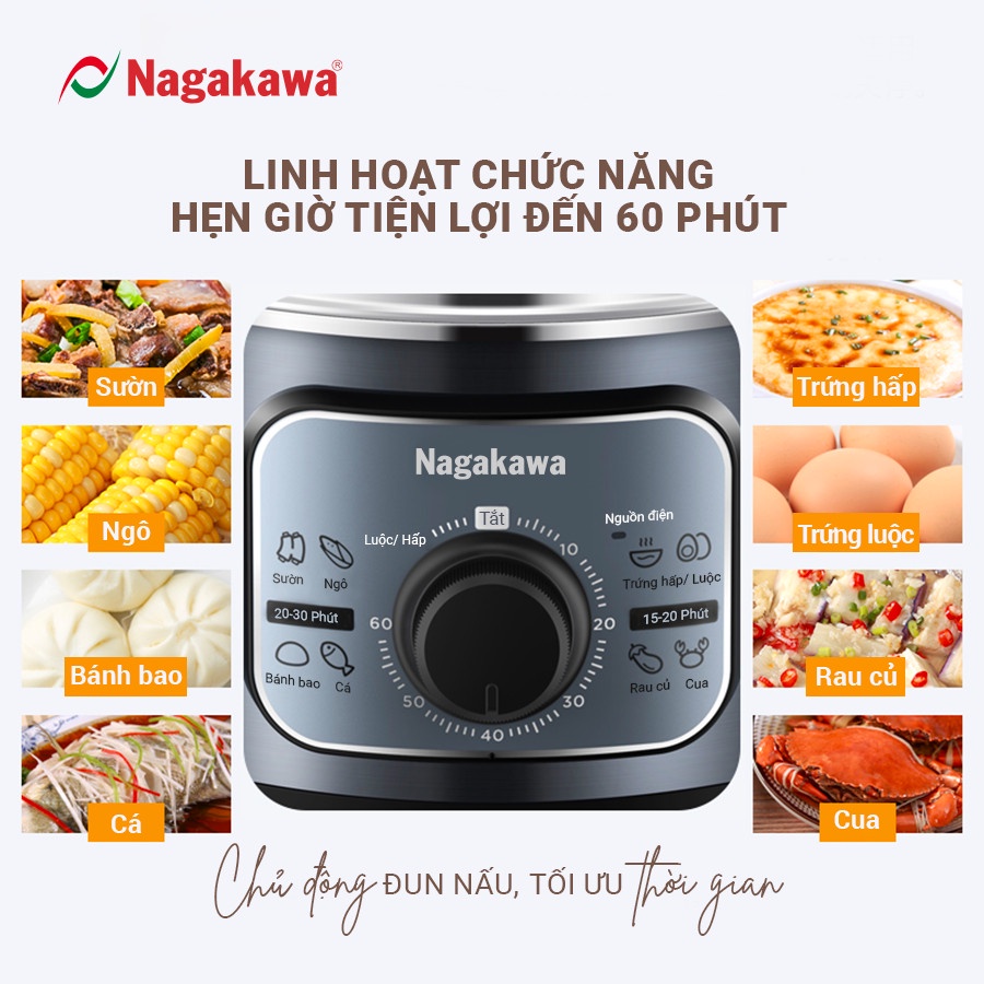 Nồi hấp điện inox đa năng Nagakawa NAG3310 (1300W - 11.8L) - bảo hành 12 tháng