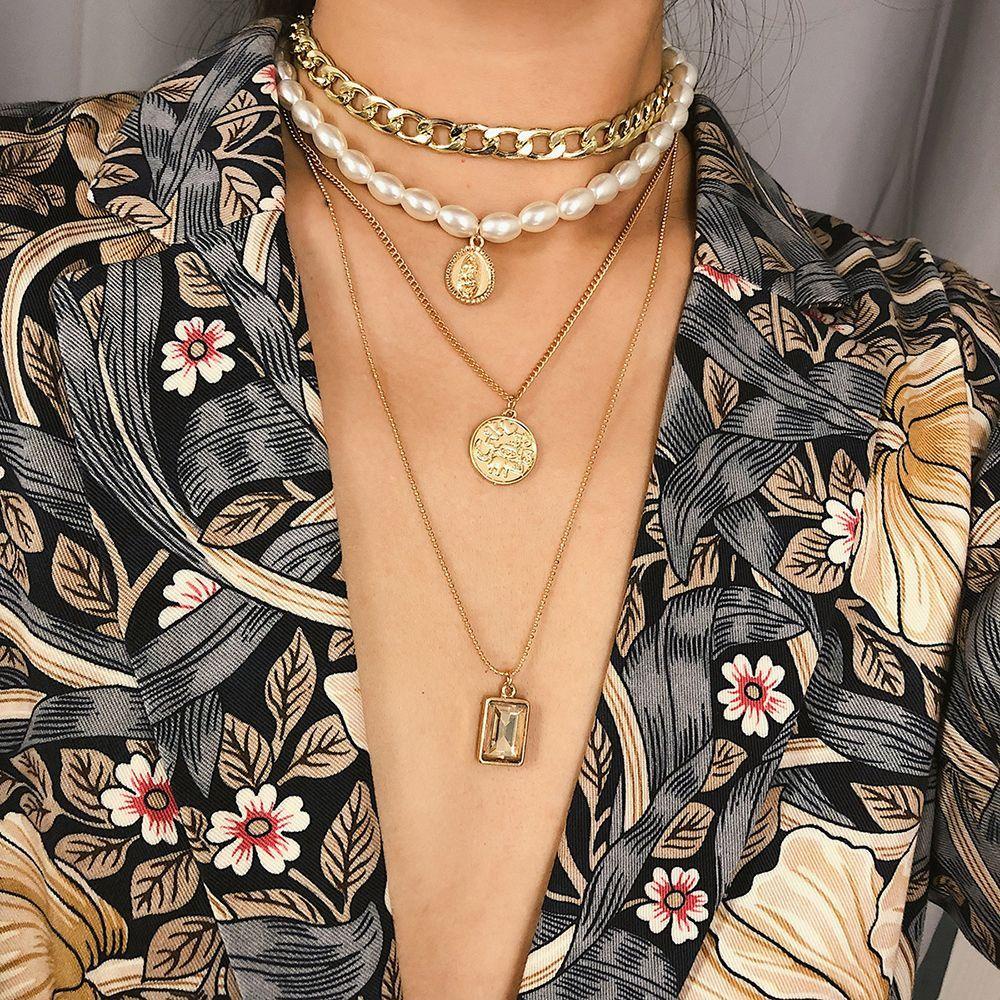 Vòng Cổ Choker MXGOODS Dành Cho Nữ|Vòng Cổ Nhiều Lớp Đính Hạt Giả Ngọc Trai Và Đồng Xu