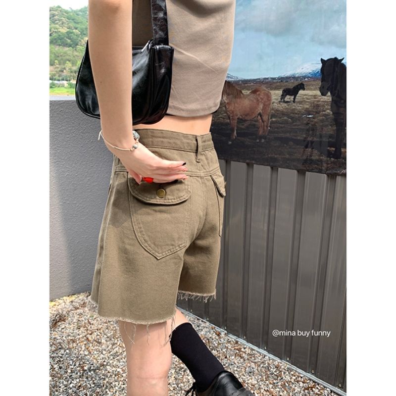 Jiashucheng Quần Yếm Denim Ngắn Dáng Suông Rộng Eo Cao Phong Cách Retro Mỹ Mùa Hè Dành Cho Nữ