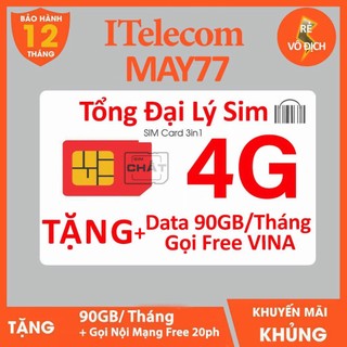 Sim 4g itelecom mạng vinaphone gói cước may-v77 3gb/ngày + miễn phí 20ph nội mạng