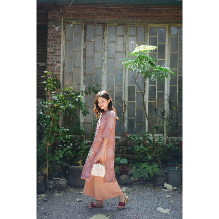 Áo dài linen tơ 2 lớp dáng suông AD555 - chim hạc màu hồng