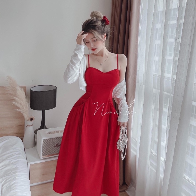 Đầm đỏ dáng đai kèm khoác gân trắng shop nina le