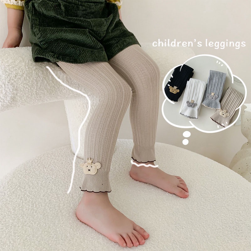 Quần Legging Cotton Kẻ Sọc Màu Trơn Co Giãn Giữ Ấm Mùa Thu Đông Họa Tiết Gấu Hoạt Hình Dễ Thương Cho Bé Gái