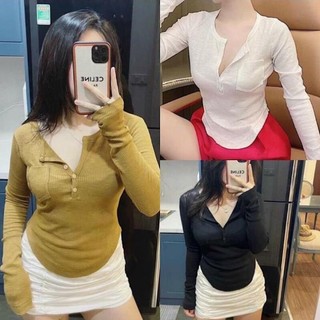 Áo thun nữ tay dài bo eo túi ngực ,áo len tăm cúc túi ngực