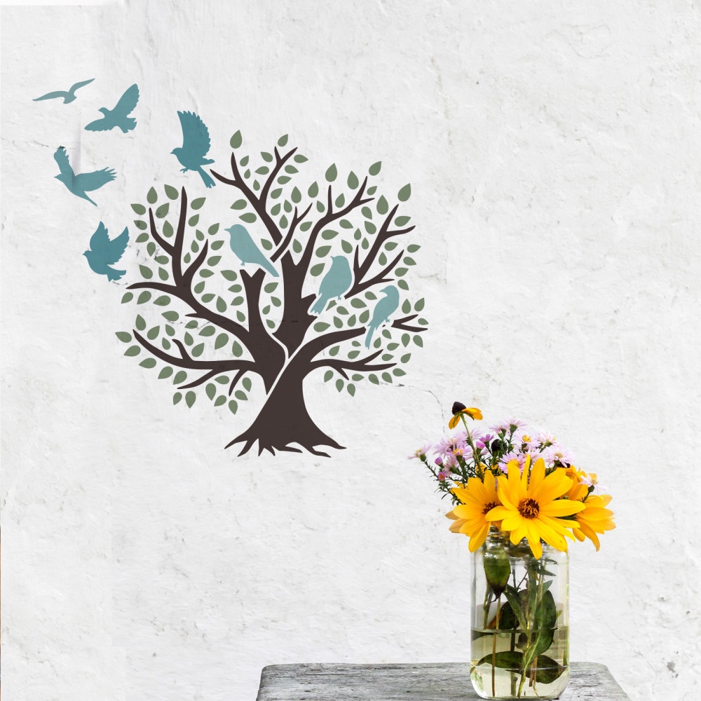 1 Tấm Khuôn Vẽ Tranh Hình Cây Sự Sống Và Chim 30x30cm DIY Có Thể Tái Sử Dụng