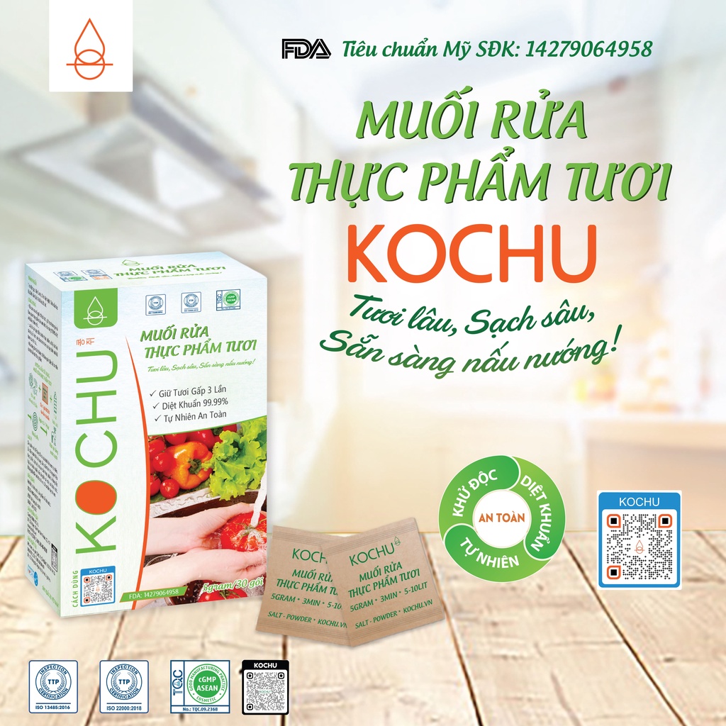 Muối rửa thực phẩm tươi Kochu diệt khuẩn khử mùi loại bỏ chất bẩn thuốc bảo vệ thực vật hộp 30 gói