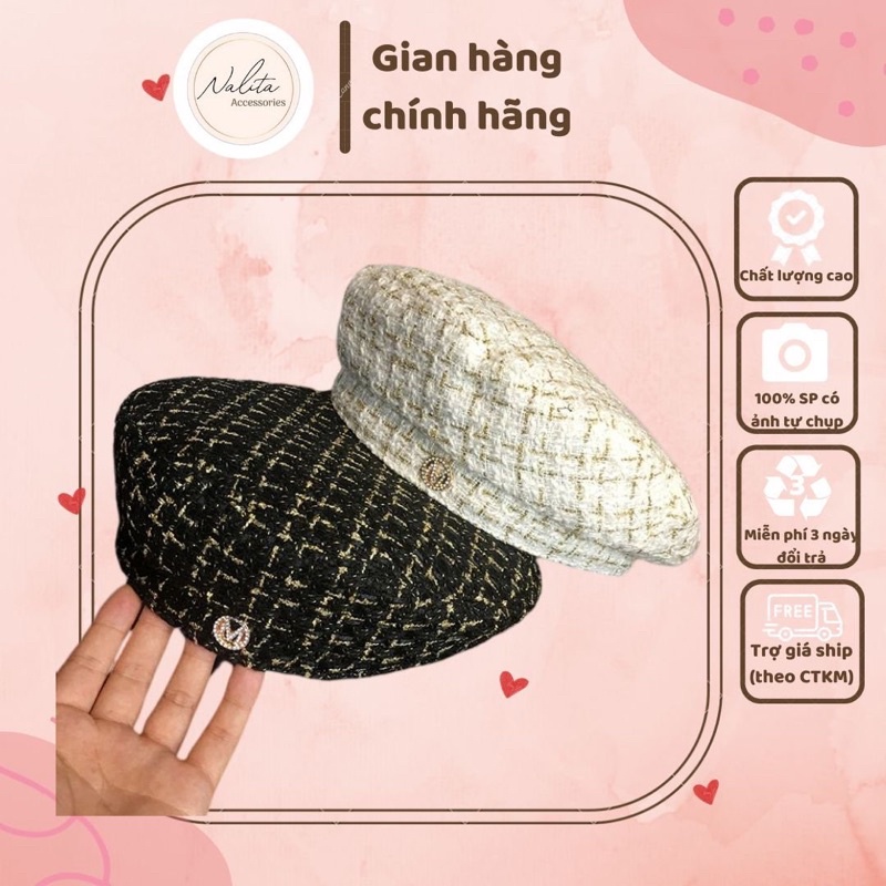 Nón Beret dạ tweed - mũ nồi len thu đông thời trang Hàn Quốc có dây rút cho nữ Nalita shop