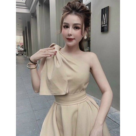 (FreeShip 2022) Đầm nữ lệch vai dáng xòe,thiết kế cột nơ che khuyết điểm,tone màu tôn da, đi chơi hay đi tiệc đều xinh