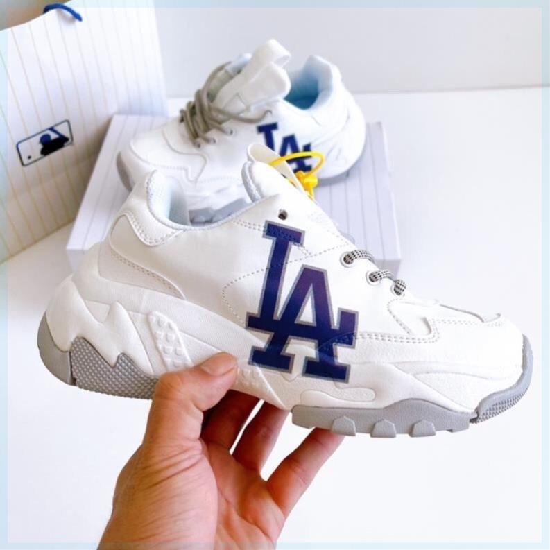 Giày MLB LA chữ xanh rep 1:1 full bill box, Giày Sneaker ulzzang thể thao nam nữ cổ thấp đế độn 4cm tăng chiều cao N55