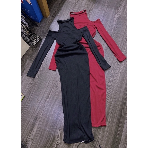 Đầm Body Gân Trễ Vai Tay Dài Đai Cổ Dáng Dài Ôm Body