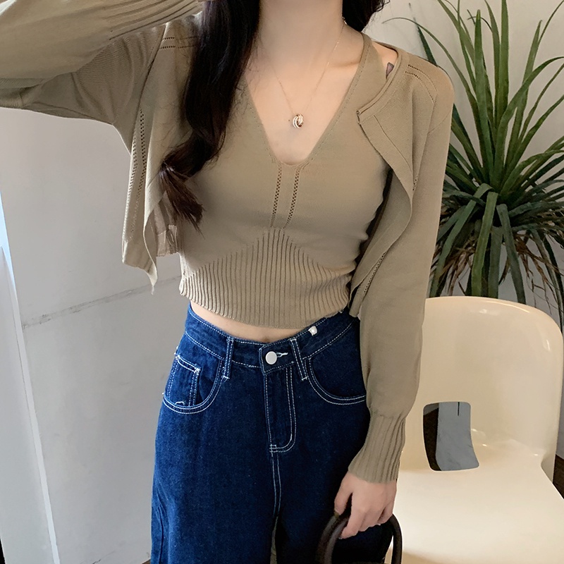 Set Áo Hai Dây + Áo Khoác cardigan Dệt Kim Phong Cách Hong Kong Quyến Rũ