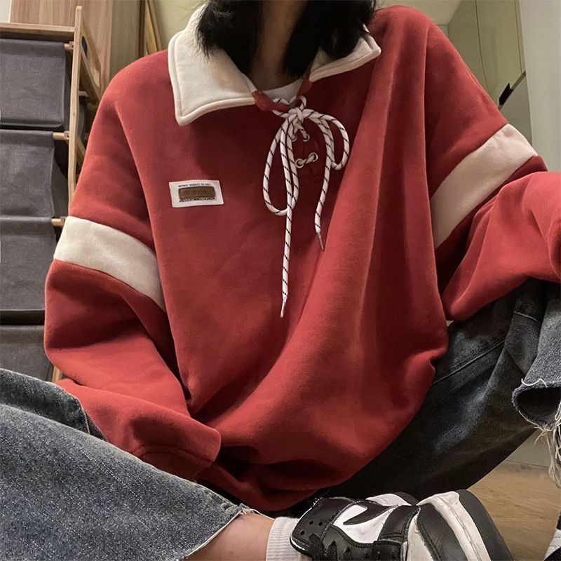 Áo Hoodie Cổ Bẻ Dáng Rộng Bằng Vải Lông Màu Sắc Tương Phản Thời Trang Thu Đông Hàn Quốc Cổ Điển Dành