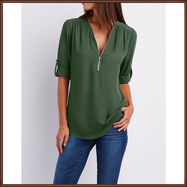 Áo Sơ Mi Chiffon Tay Dài Cổ Chữ V Màu Trơn Có Khóa Kéo Trước Plus Size Cho Nữ