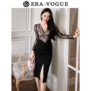 ZY·HT 🌷 Đầm Đen Cổ Chữ V Phối Ren Dáng Ôm Xẻ Tà Phong Cách Pháp Thời Trang Thu Đông 10180 Cho Nữ