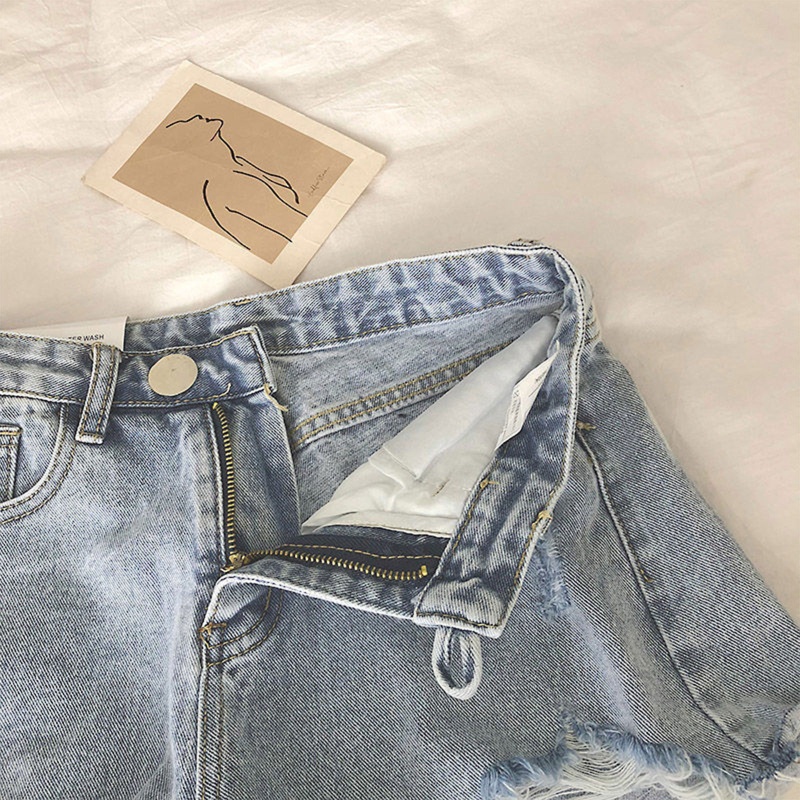 Brroa Quần Short Denim Cạp Cao Ống Rộng Rách Tua Rua Retro Hàn Quốc Cho Nữ Giới