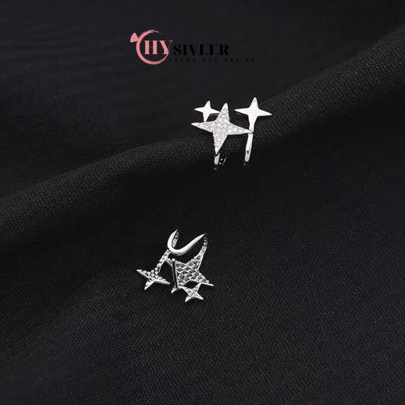 Bông tai bạc ta dạng kẹp vành tai hình 3 ngôi sao đính đá sang chảnh cá tính bông tai nữ bạc thật giá rẻ