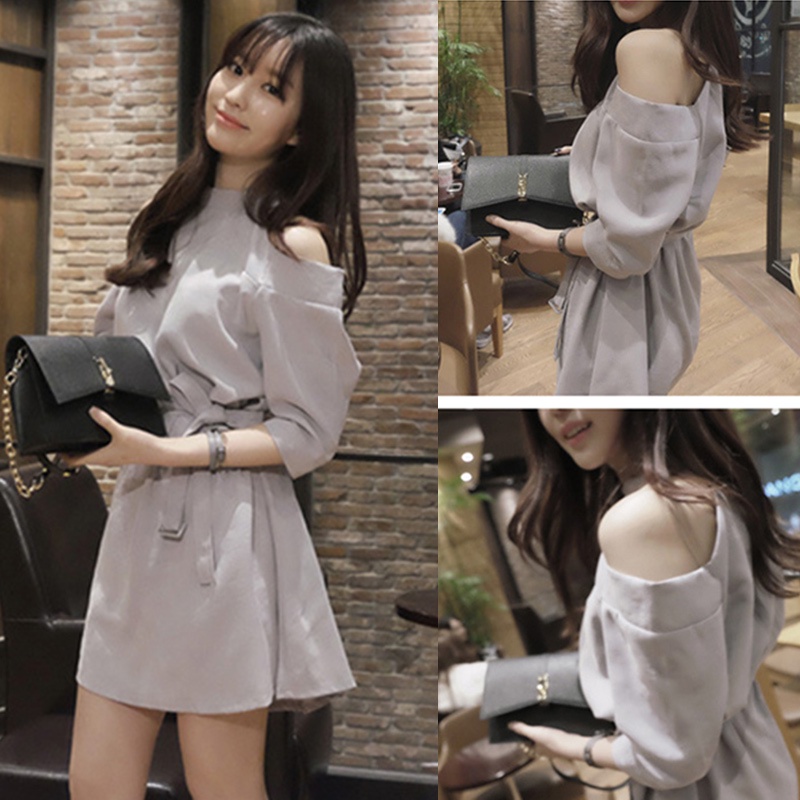 Đầm Dáng Chữ a Tay Lửng Hở Vai Thắt Dây Eo Phong Cách Hàn Quốc Mới Mùa Hè Cho Nữ