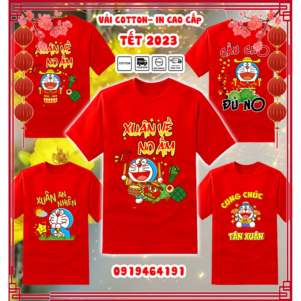 Áo thun doraemon tết quý mão 2023 màu đỏ, áo thun tết con mèo doraemon, vải dày mịn mát, in cao cấp - Có size trẻ em