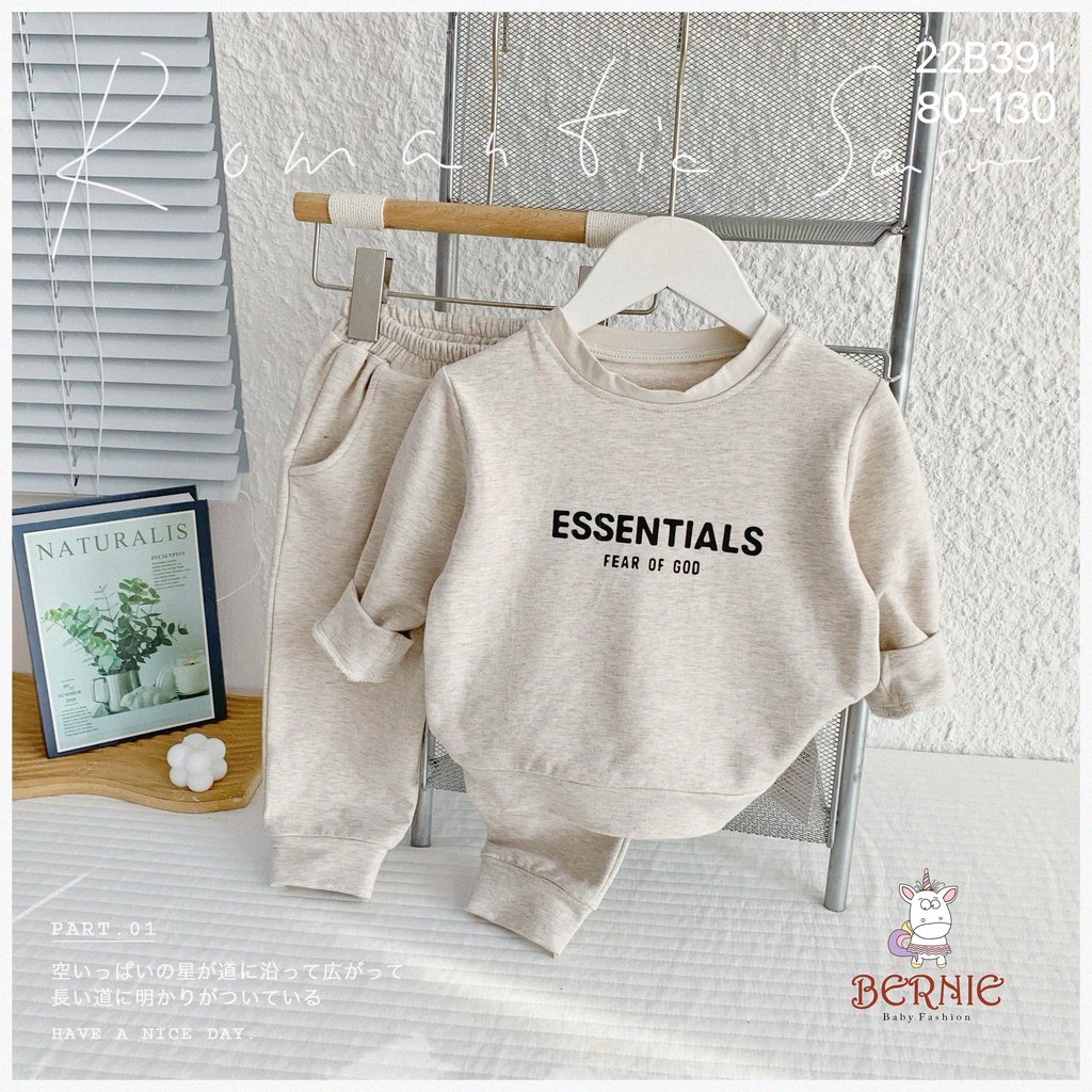 Bộ thun da cá unisex trơn màu cho bé, bộ thu đông dài tay cotton nỉ da cá dày dặn Bernie