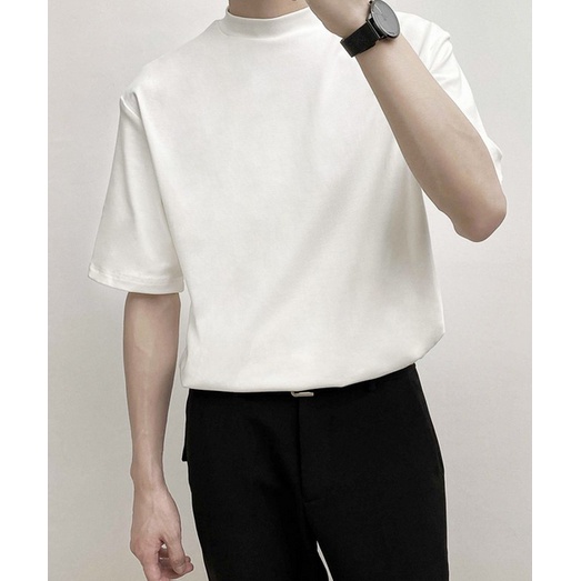 Áo thun nam trơn cổ cao mùa hè, phong cách trưởng thành nam tay lửng