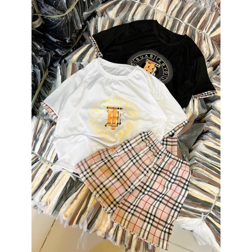 [11.11 Sale Freeship] Set bộ đùi đi chơi,áo thun in hình chữ form rộng tay ngắn kèm quần short kẻ sọc ô caro xinh xắn