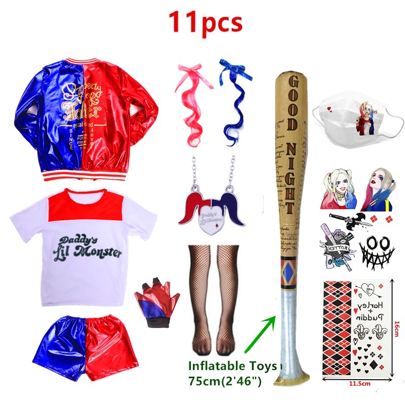 11 pieces suit Trẻ em Cô gái Suicide Squad Harley Quinn Trang phục Cosplay Joker Áo khoác T-shirt Bộ quần short