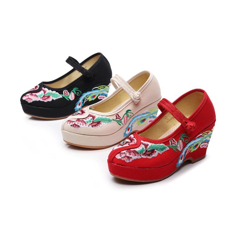 Set 2 Giày Cao Gót Thêu Họa Tiết Phong Cách Trung Hoa Cổ Điển Cho Cô Dâu A7