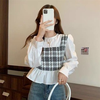 Áo sơ mi phối dạ tweed viền bèo, áo babydoll trắng phối dạ kẻ Hàn Quốc