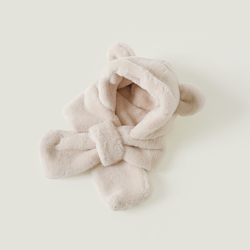 Mũ Trùm Đầu Kèm Khăn Choàng Cổ Dày Dặn Chống Lạnh Màu Trơn Hình Gấu Dễ Thương Cho Bé