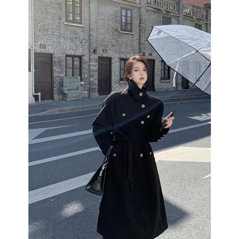 Áo khoác mangto dạ dáng dài YIMI màu đen thời trang