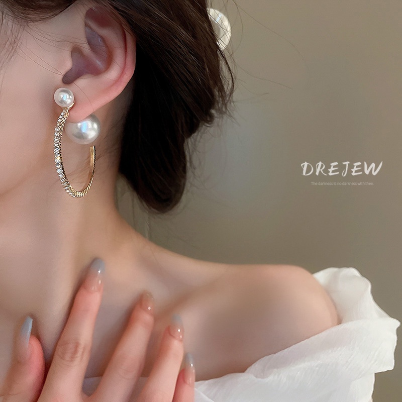 DREJEW Khuyên tai bạc đính kim cương ngọc trai hình học thời trang