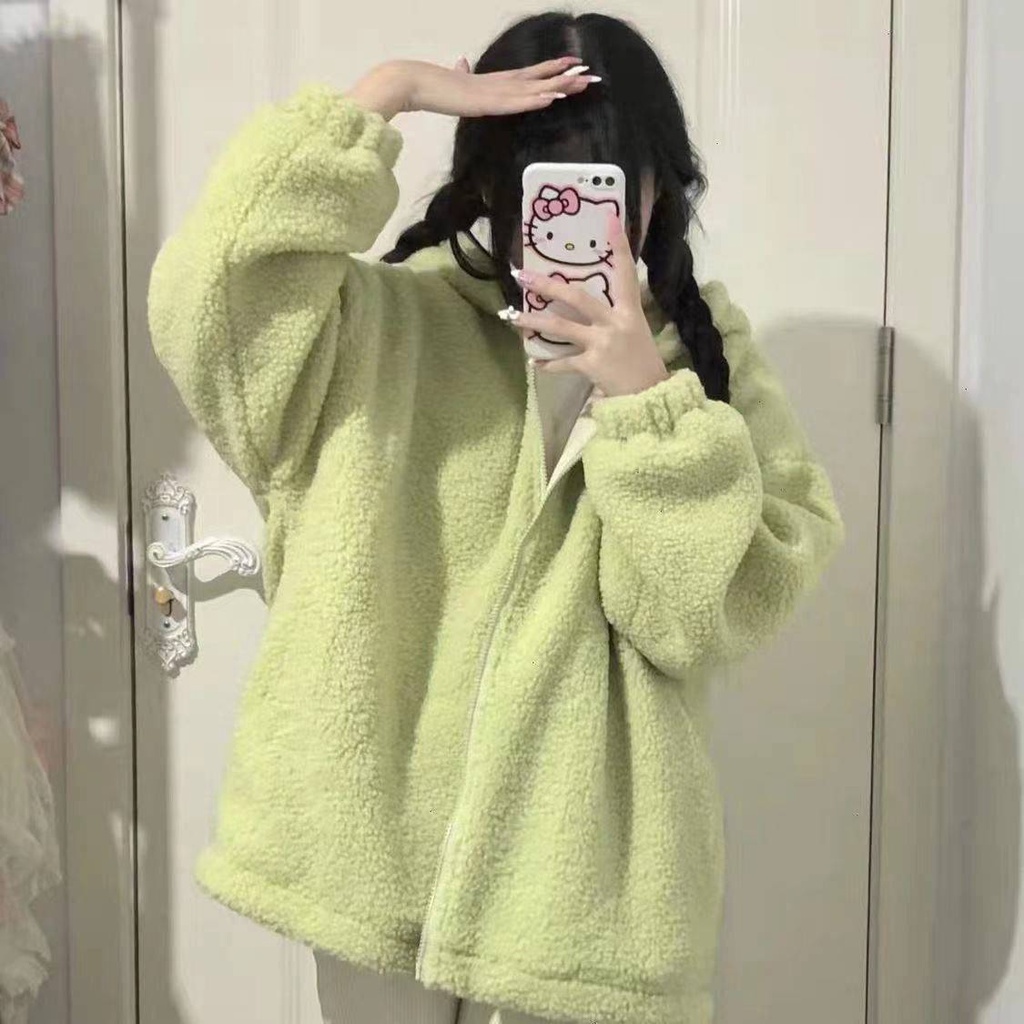 Màu xanh lá cây mùa thu và mùa đông có mũ trùm đầu lông cừu mới áo khoác rộng rãi áo len cardigan