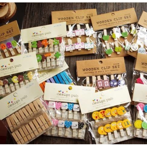Set 10 Kẹp Gỗ Nhiều Hình Cute Kèm Dây Treo - Giao Ngẫu Nhiên