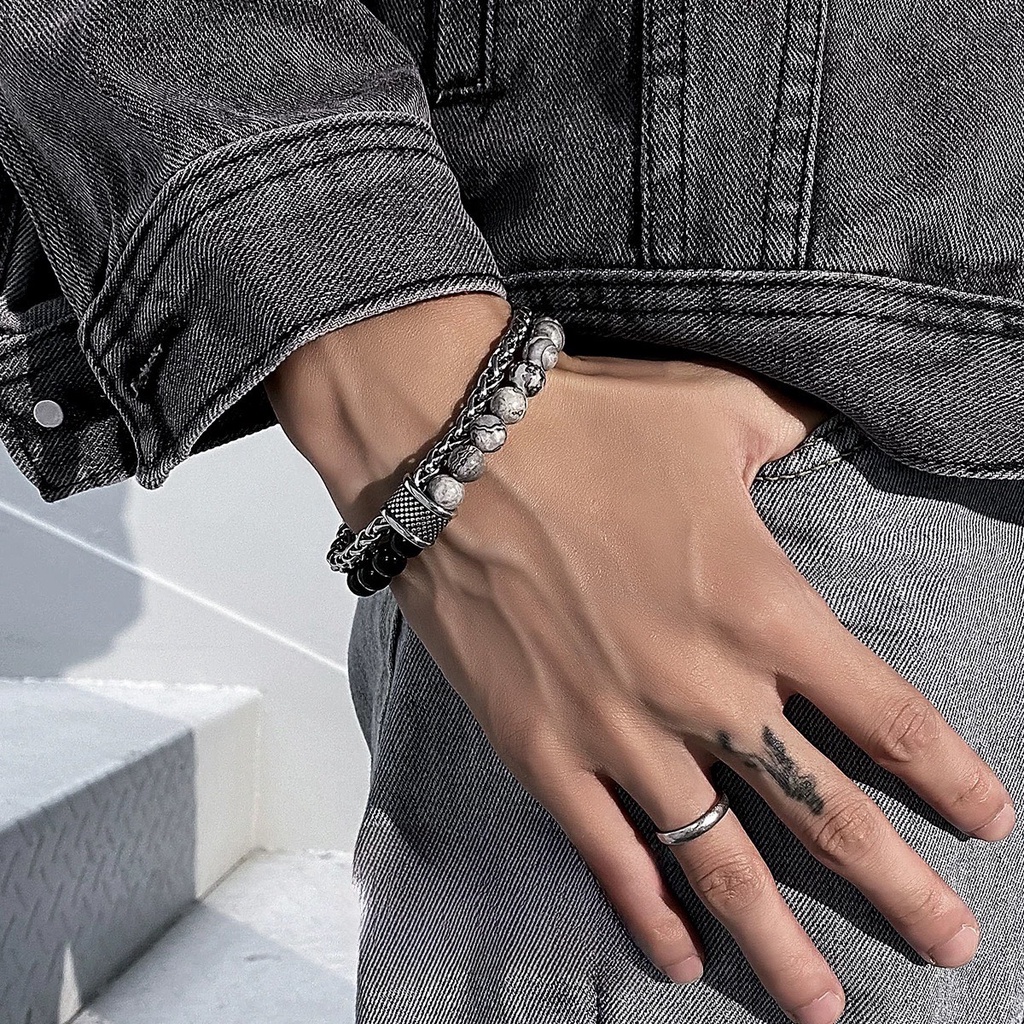 Vòng tay nam chuỗi hạt đá  PUNK KuuClothes lắc tay nam hạt ngọc hai vòng đen xám titan không gỉ - Vòng Tay Punk Đen Xám