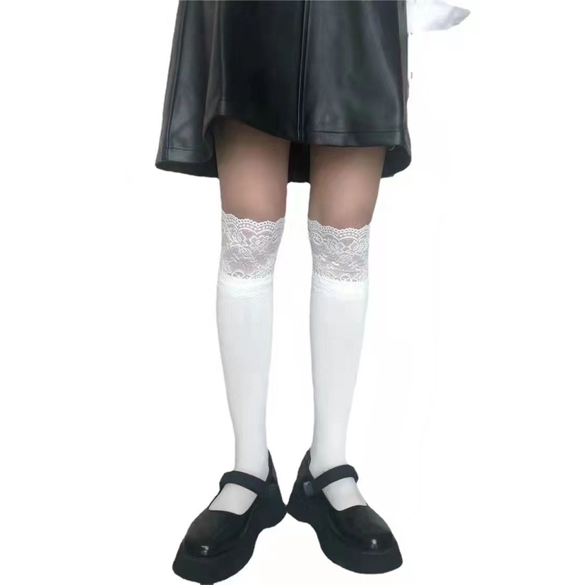 Bán Chạy!F &amp; X Tất Cotton Dày Dài Qua Gối Phối Ren Màu Trắng Phong Cách Nhật Bản Thời Trang Thu Đông Cho Nữ