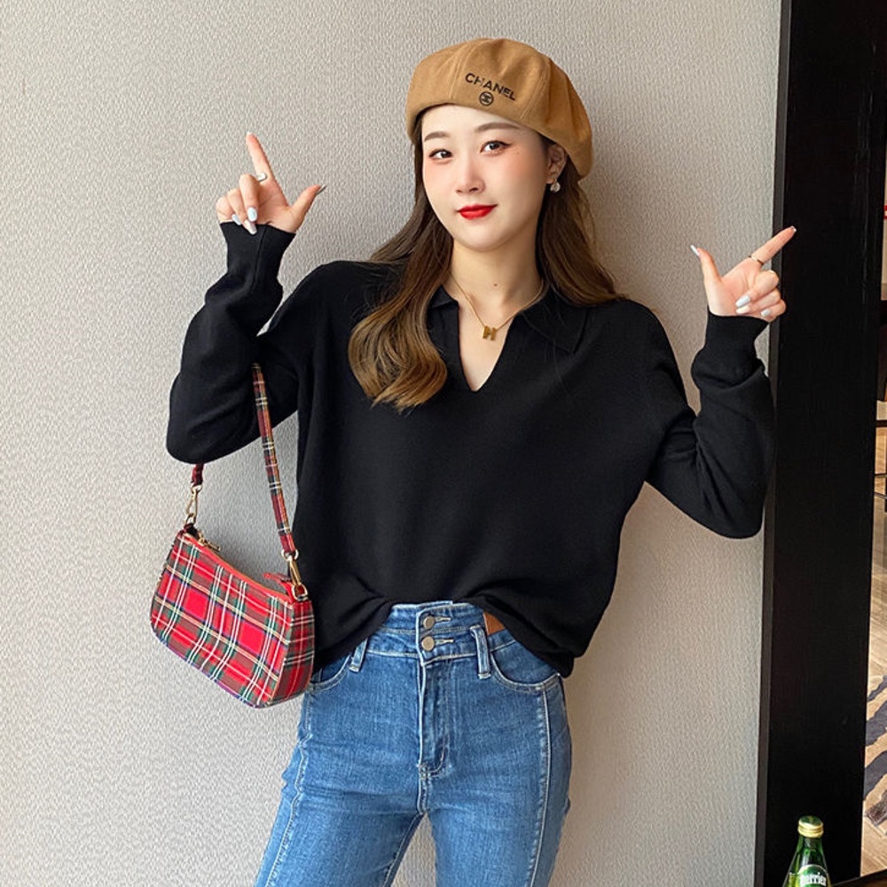 Áo Sweater Dệt Kim Mỏng Tay Dài Cổ polo Màu Sắc Đơn Giản Thời Trang Thu Đông Cho Nữ