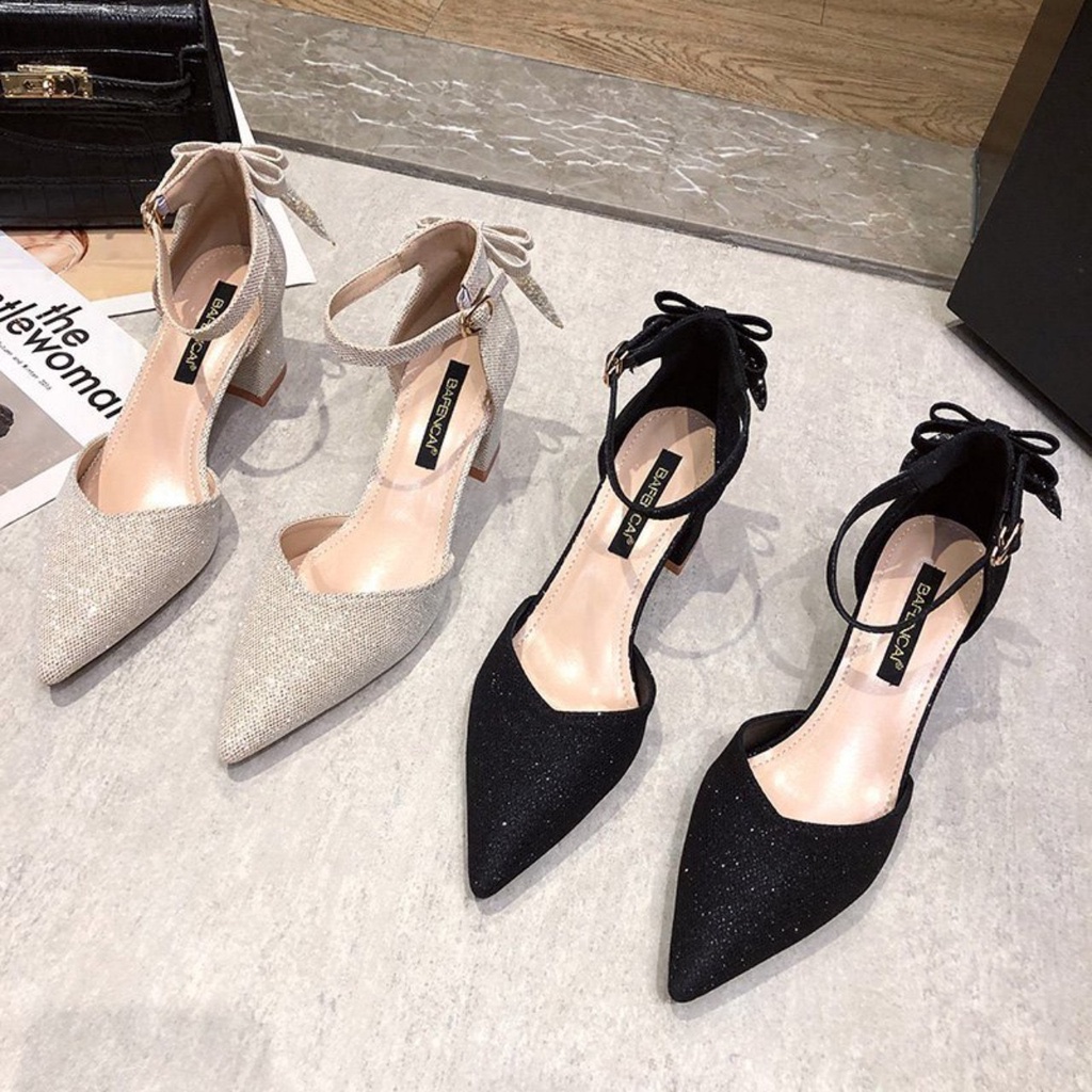 Giày bít mũi cao gót bigsize da đính kim tuyến có kèm nơ sau gót full size 30-44